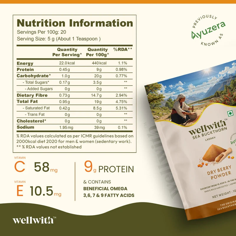 WellWith Sea Buckthorn Natural Dry Berry Powder (100g)