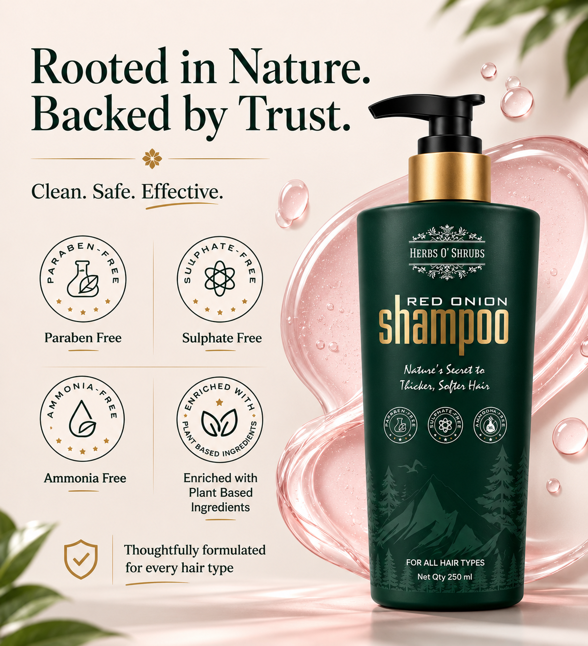 Herbs O' Shrubs Onion Strength & Shine Shampoo with Ayurvedic Ingredients | Onion, Coffee, Brahmi, Hibiscus, Green Tea & Curry Leaf | Gentle Daily Hair Cleanser for All Hair Types, 250 ml