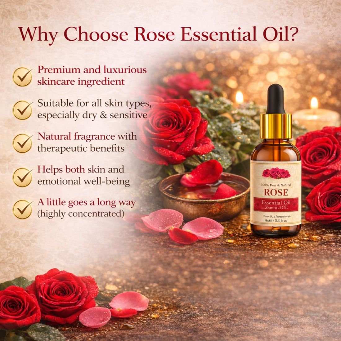 Kayee Ayurveda Rose Essential Oil, Rose Aroma Oil for Diffuser, Aromatherapy, Massage, Meditation, Yoga & Spa, Pleasant Floral Fragrance for Home, Personal Care & Relaxation | 15 ml