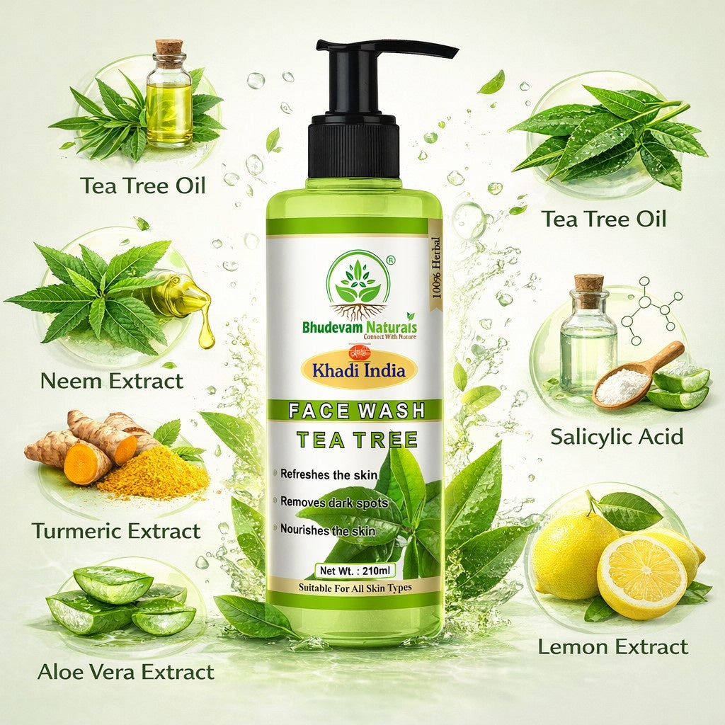 Bhudevam Naturals Khadi Tea Tree Face Wash – Anti-Pimple, Anti-Blemish & Refreshing Formula- 210ML