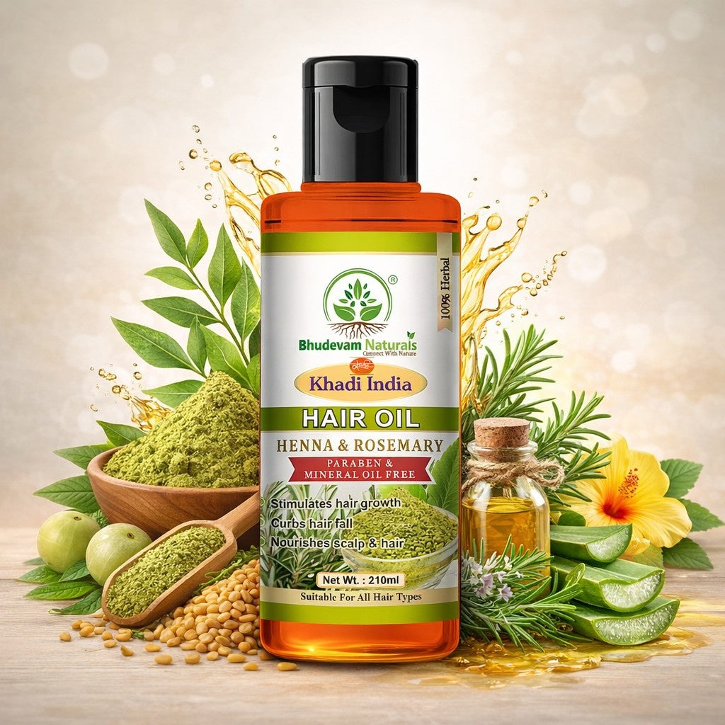 Bhudevam Naturals Khadi Henna Rosemary Hair Oil for Hair Growth & Hair Fall Control- 210ML
