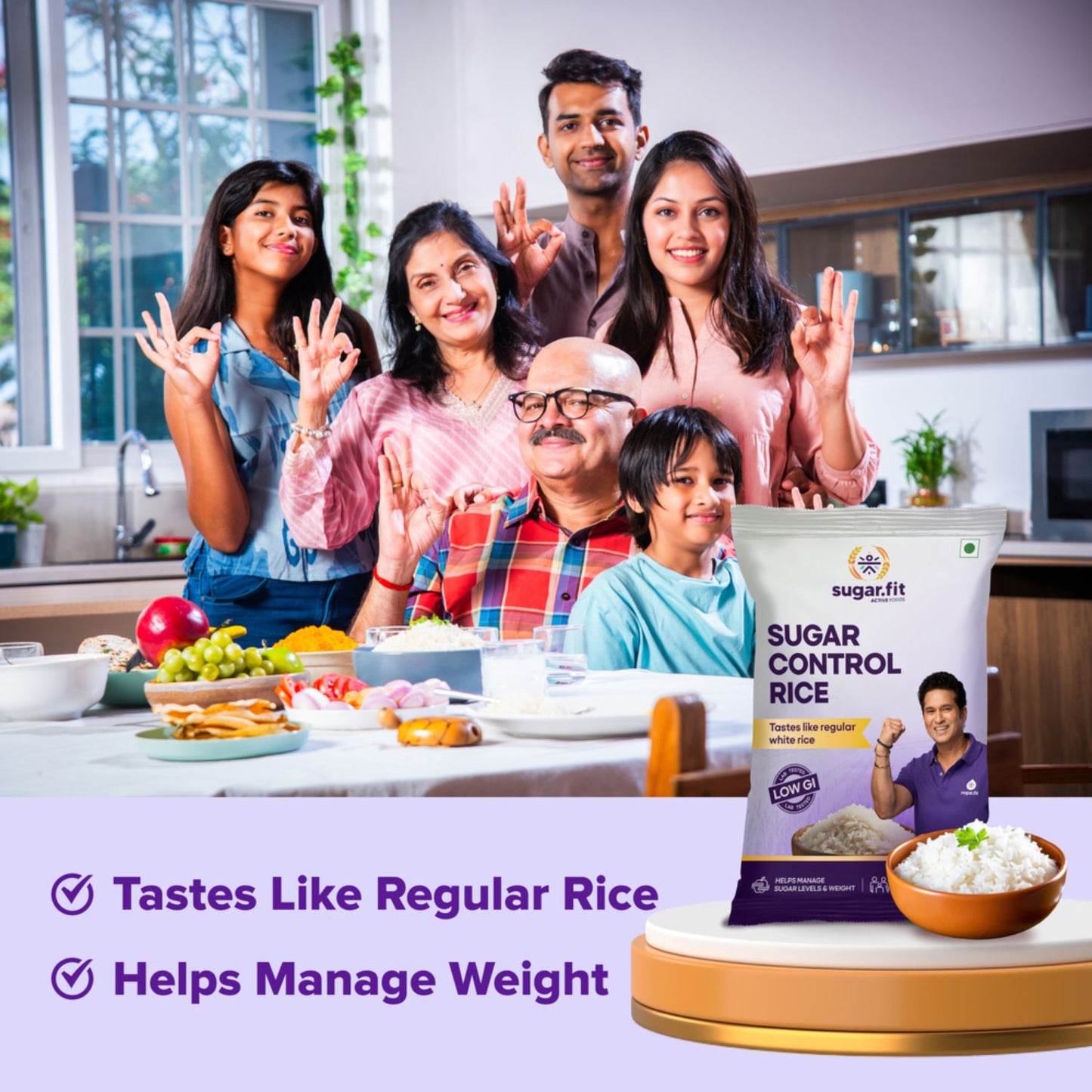 Sugar.fit Sugar Control Rice, Sona Masoori Rice, Lab Tested Low GI for Diabetic, Full Grain Raw Rice, 100% Natural, Supports Healthy Blood Sugar Levels