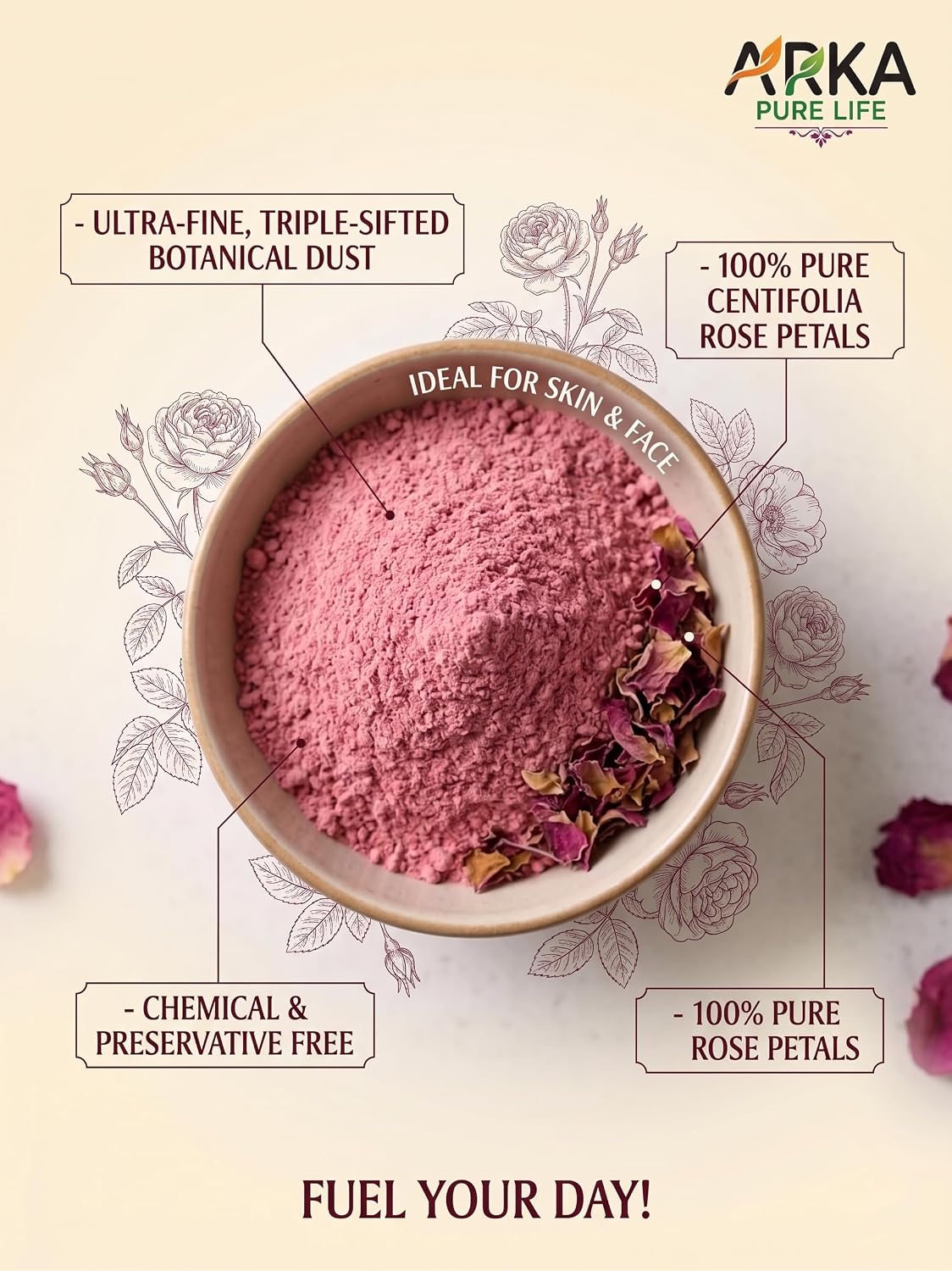 Arka Pure Life Natural Rose Petal Powder – Herbal Face & Skin Care Powder for Refreshing, Soothing & Healthy-Looking Skin – 200g