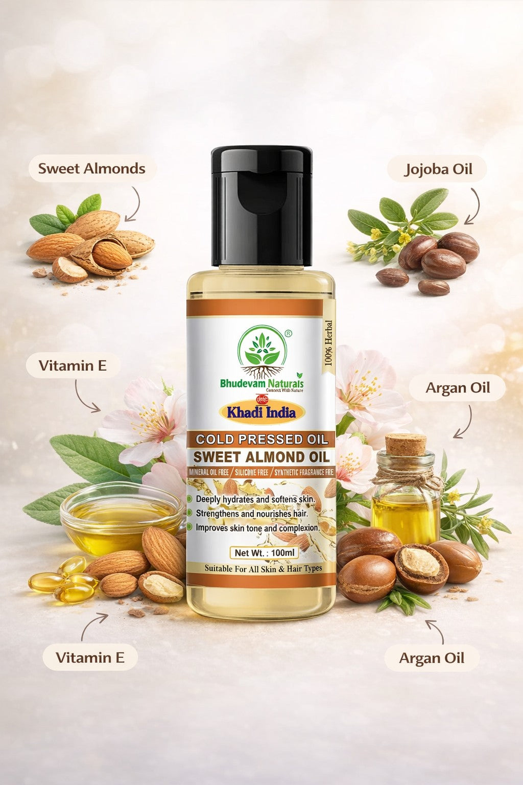 Bhudevam Naturals Khadi Sweet Almond Oil – Pure Natural Carrier Oil for Skin, Hair & Body Massage- 100ML