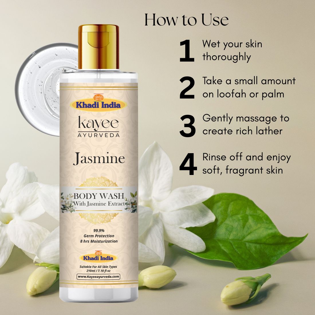 Kayee Ayurveda Jasmine Body Wash for Men & Women | Herbal Jasmine Shower Gel for Gentle Cleansing, Freshness & Soft Skin | Helps Remove Dirt, Sweat & Impurities Without Over-Drying | Refreshing Daily Bath & Body Care | 210 ml