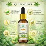 Bhudevam Naturals Khadi Basil Essential Oil for Hair Care, Aromatherapy, Stress Relief, Diffuser, Massage & Skin Care - 15ml