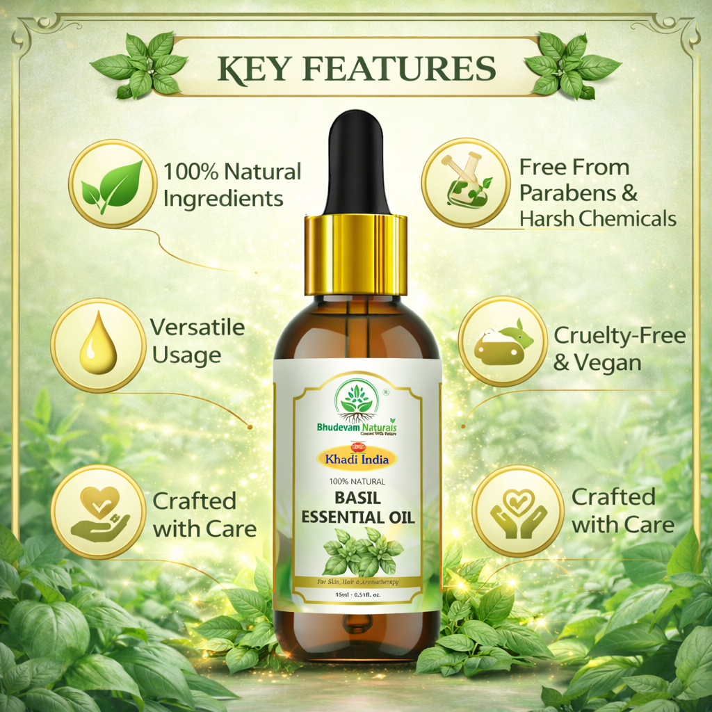Bhudevam Naturals Khadi Basil Essential Oil for Hair Care, Aromatherapy, Stress Relief, Diffuser, Massage & Skin Care - 15ml