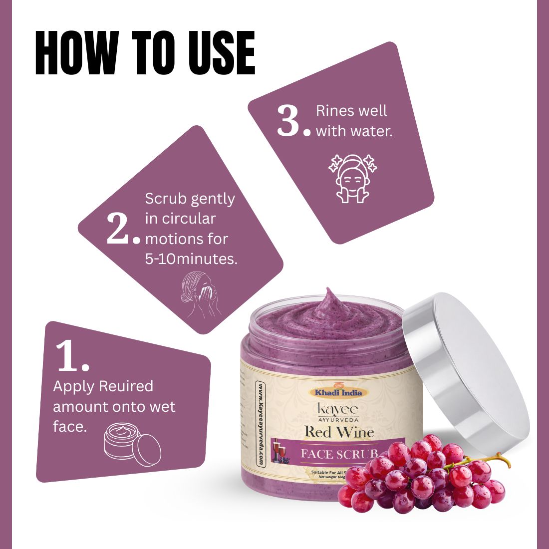 Kayee Ayurveda Red Wine Face Scrub for Glowing & Smooth Skin | Herbal Red Wine Facial Scrub for Gentle Exfoliation, Deep Cleansing & Dead Skin Removal | Helps Remove Dirt, Excess Oil & Impurities for Soft, Fresh & Radiant-Looking Skin