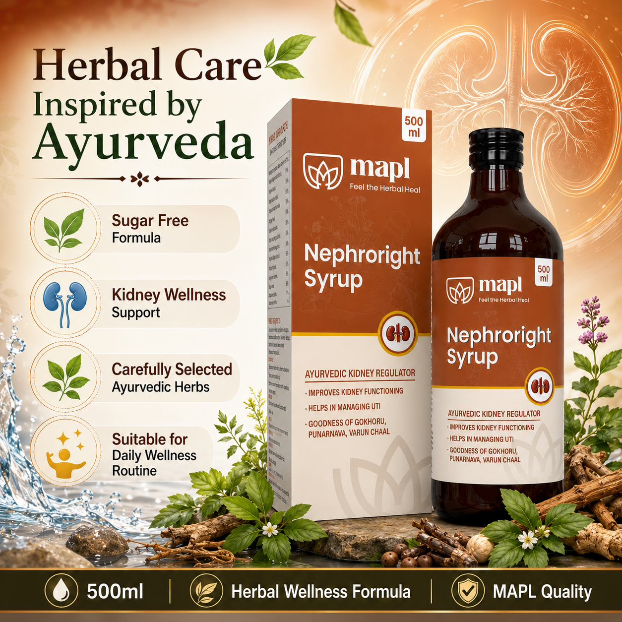 MAPL Nephroright Syrup 500ml | Ayurvedic Kidney & Urinary Health Support | Sugar Free Herbal Formula