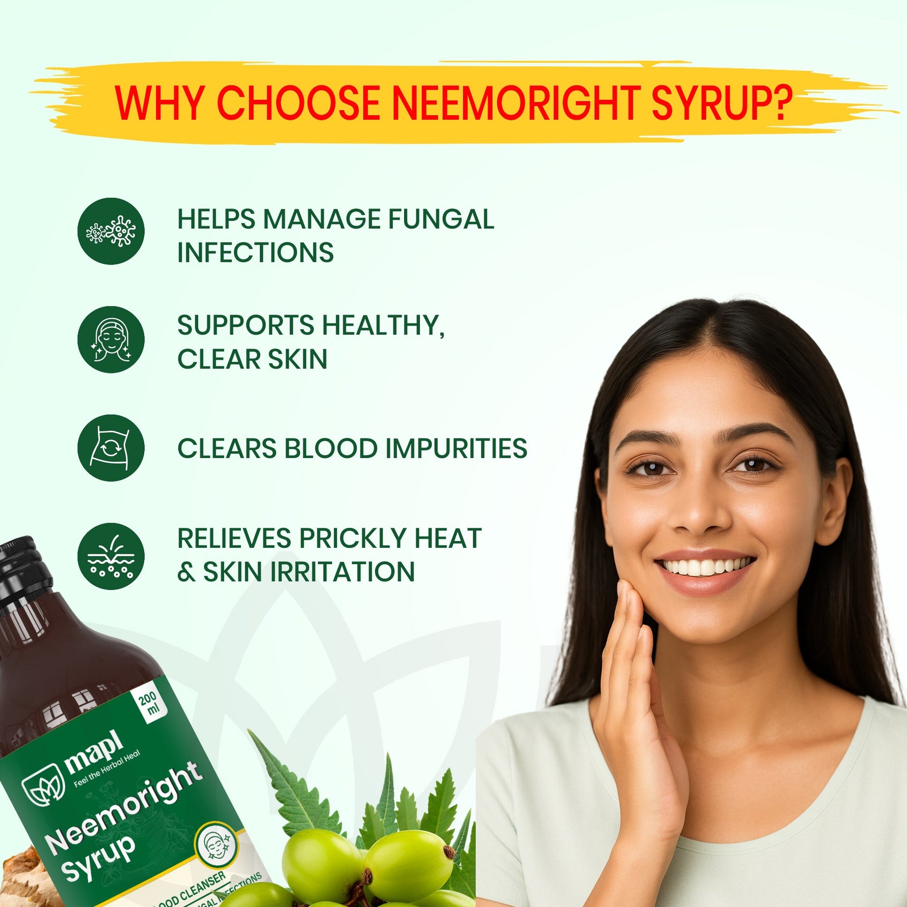 MAPL Neemoright Syrup | Ayurvedic Blood Purifier & Skin Care | Reduces Acne, Itching, Inflammation, Fights Skin Infections & Boosts Immunity | 200 ml
