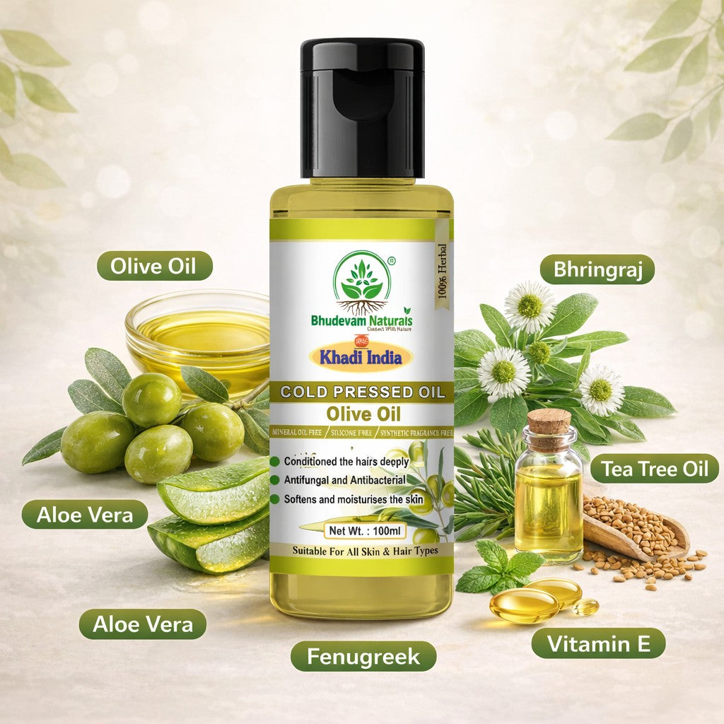 Bhudevam Naturals Khadi Extra Virgin Cold Pressed Olive Oil – Pure Natural Oil for Skin & Hair Care- 100ML