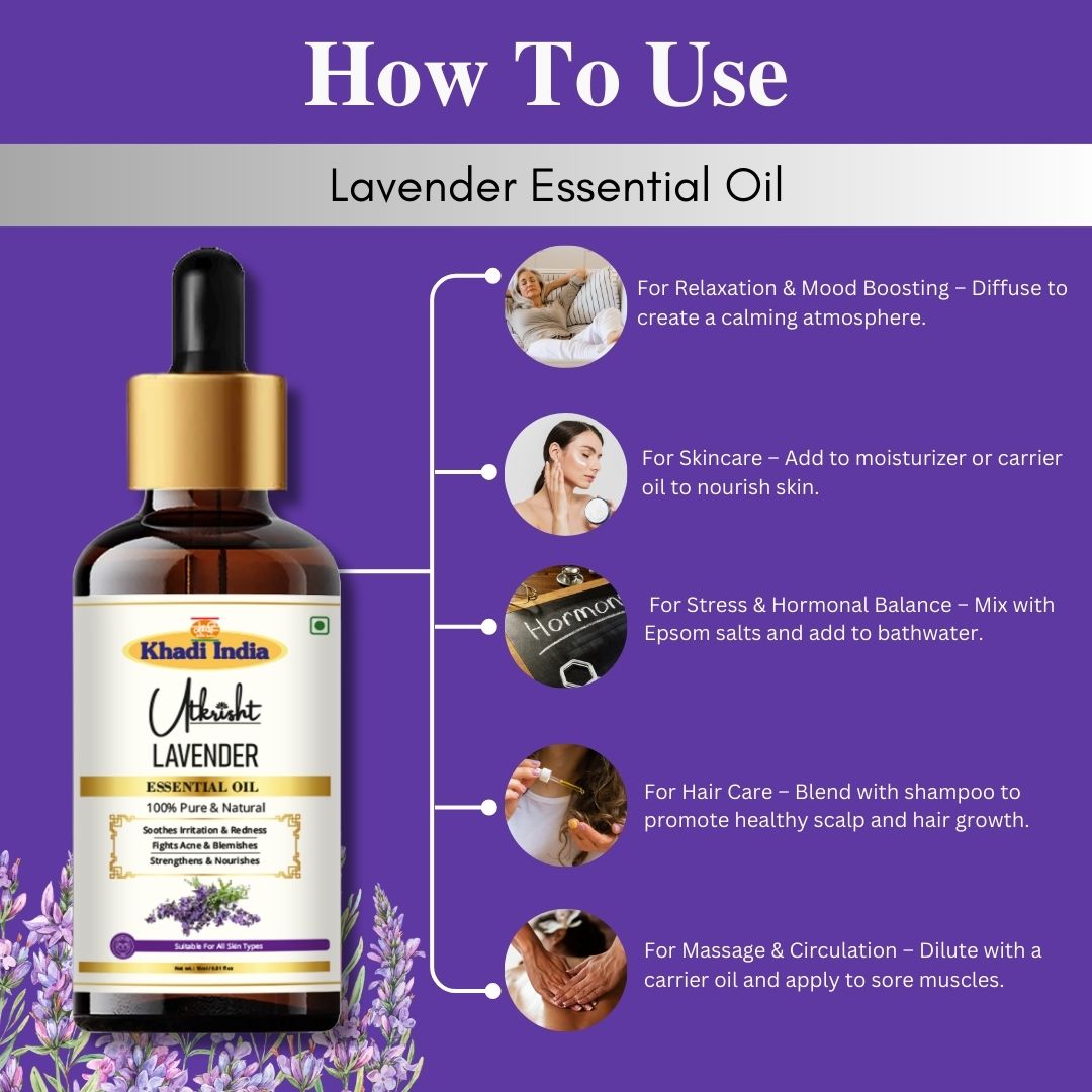 Khadi Lavender Essential Oil | Pure & Natural Lavender Oil for Face, Skin & Aromatherapy | Floral Essential Oil for Relaxation, Calm & Bedtime Routine | 15 ml