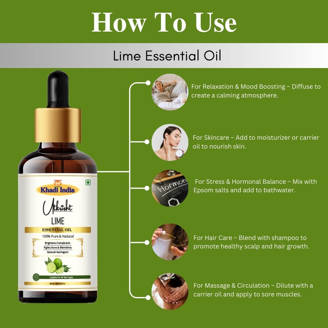 Khadi Lime Essential Oil | Pure & Natural Lime Oil for Face & Skin Care | Essential Oil for Oily & Acne-Prone Skin | Brightening & Refreshing Aromatherapy Oil | 15 ml