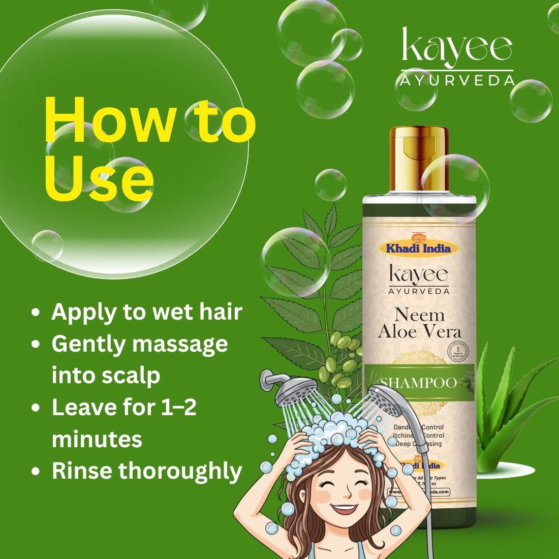 Kayee Ayurveda Neem Aloe Vera Shampoo for Men & Women | Herbal Hair Cleanser for Scalp Care | Neem & Aloe Vera Formula Helps Cleanse Dirt, Excess Oil & Impurities While Maintaining Soft, Fresh & Manageable Hair | 210 ml