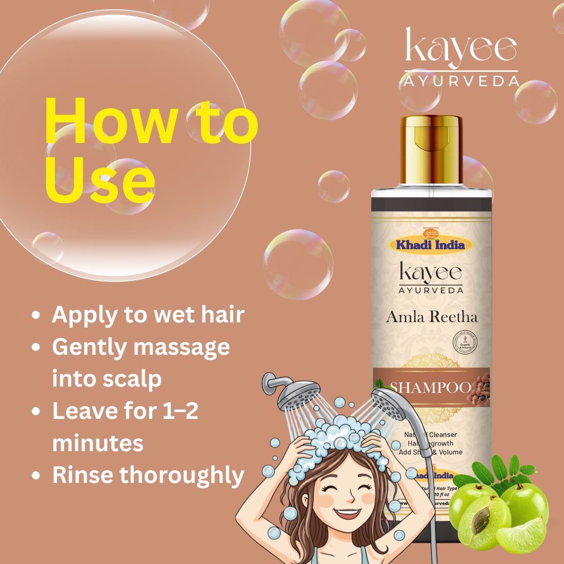 Kayee Ayurveda Amla Reetha Hair Shampoo for Strong & Healthy-Looking Hair | Herbal Shampoo for Scalp & Hair Care | Amla & Reetha Formula for Gentle Cleansing, Hair Conditioning, Softness & Healthy-Looking Shine | 210 ml