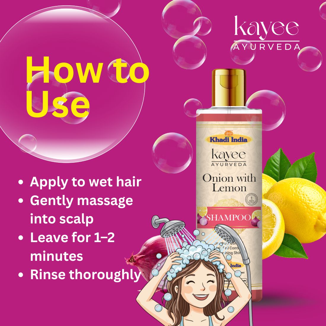 Kayee Ayurveda Onion With Lemon Shampoo for Hair Growth & Hair Fall Care | Herbal Hair Shampoo with Onion & Lemon for Scalp Cleansing, Hair Nourishment, Oil Control, Freshness, Smoothness & Natural Shine | 210 ml