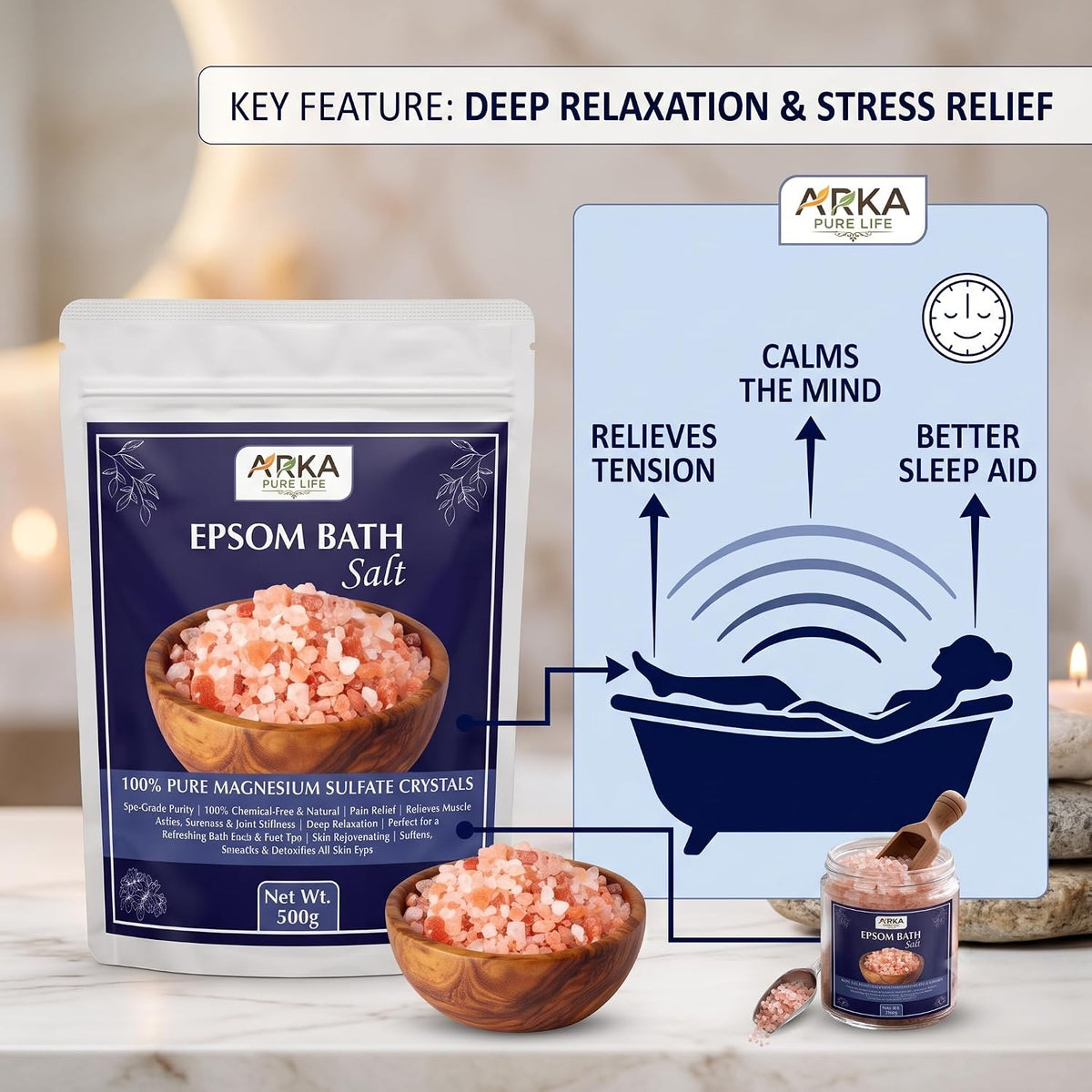 Arka Pure Life Epsom Bath Salt – Magnesium Sulfate Bath Salt for Relaxing Soak, Muscle & Body Care – 500g