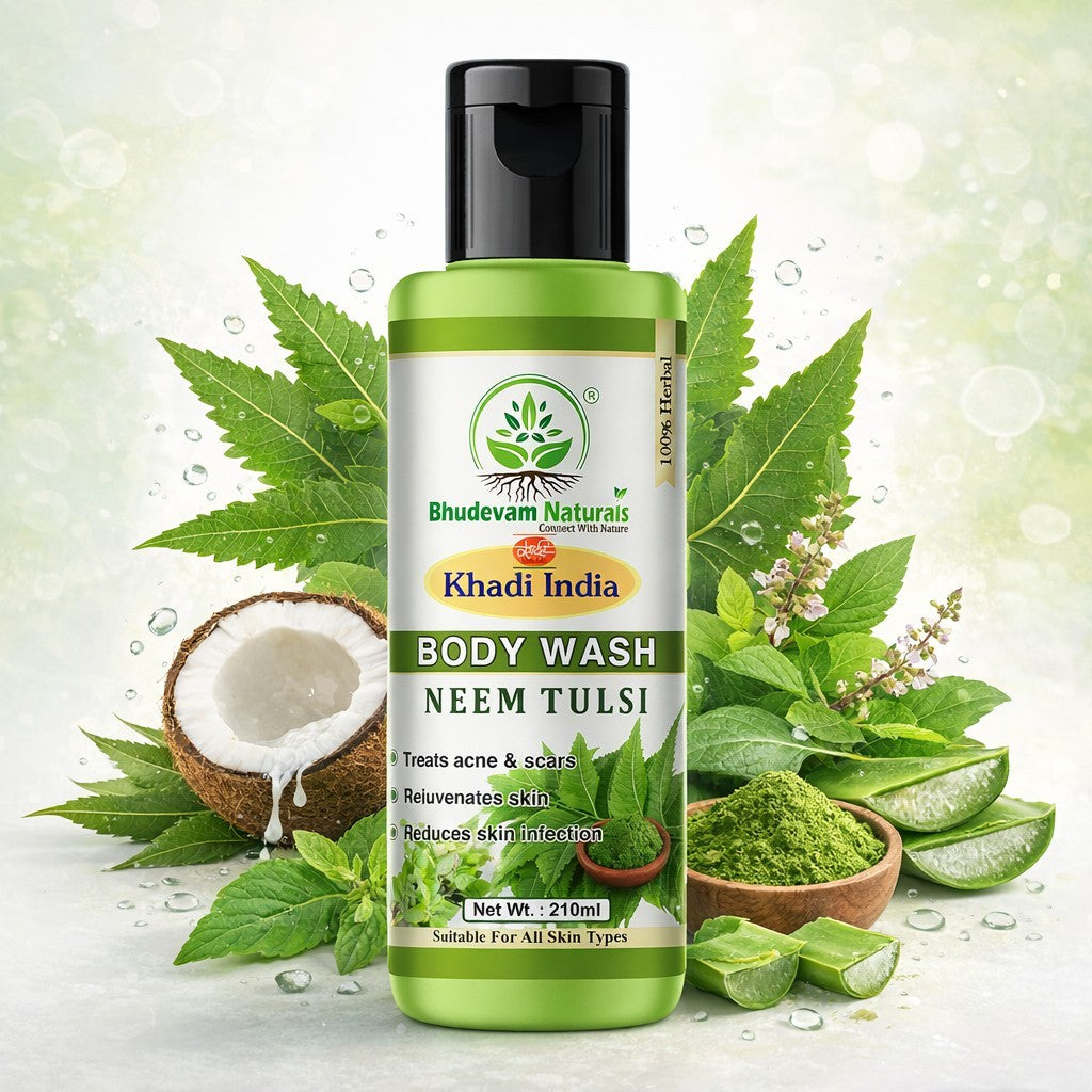 Bhudevam Naturals Khadi Neem & Tulsi Body Wash – Herbal Skin Purifying Cleanser for Daily Use- 210ML