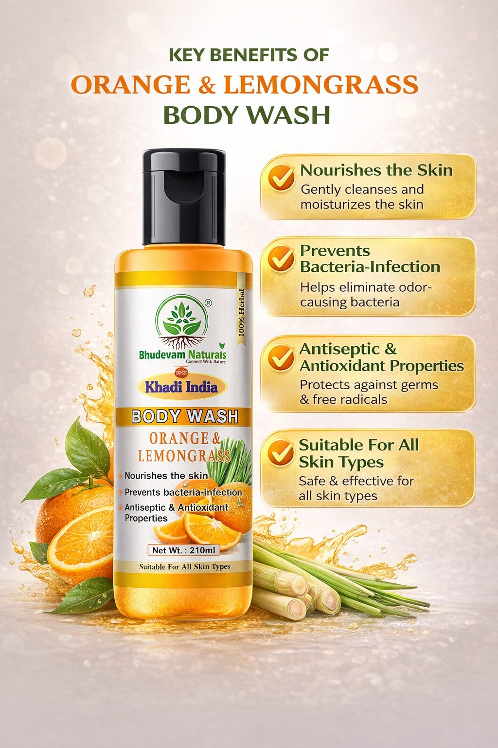 Bhudevam Naturals Khadi Orange & Lemongrass Body Wash, Refreshing Citrus Shower Gel for Soft & Glowing Skin- 210ML