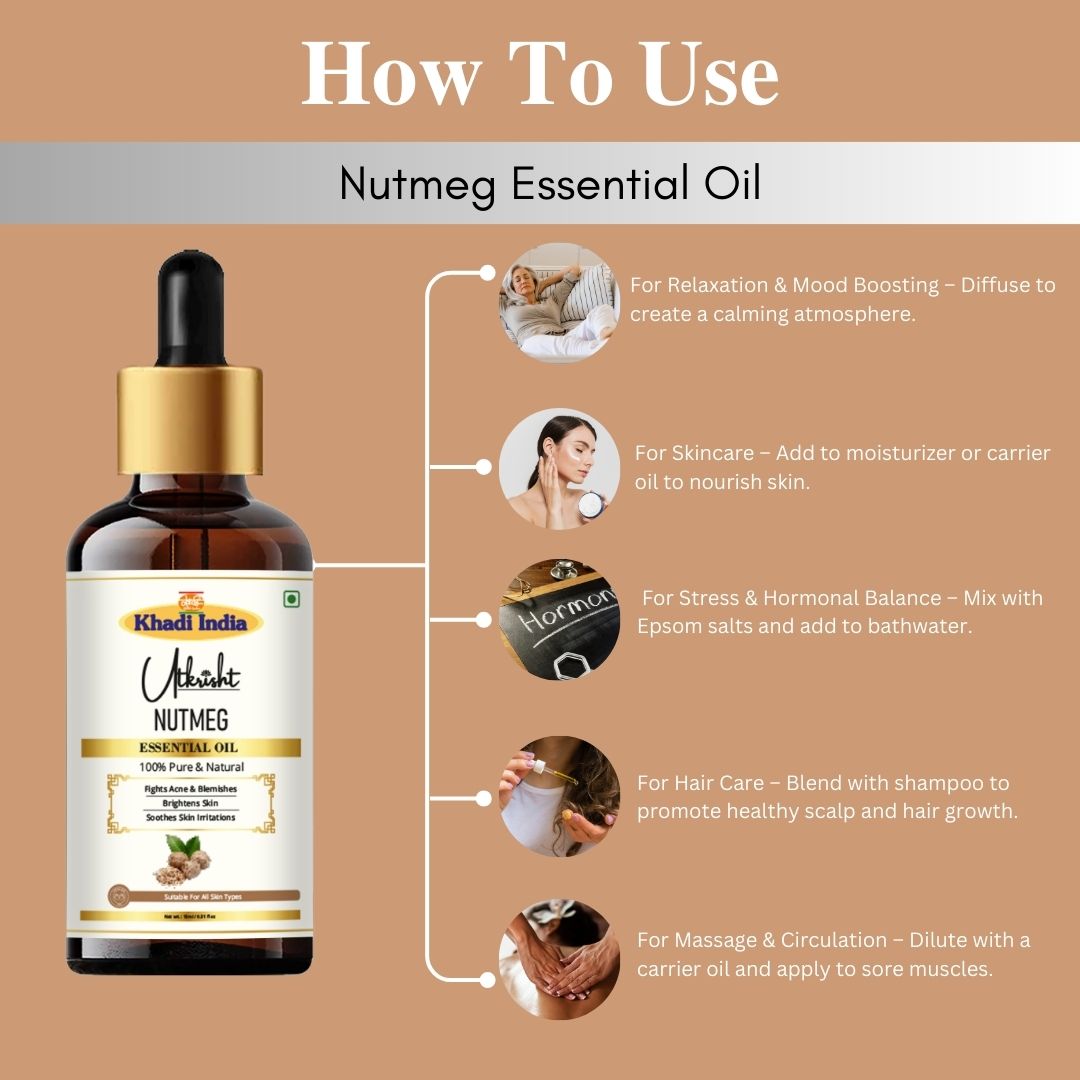 Khadi Nutmeg Essential Oil | Pure & Natural Nutmeg Oil for Face & Body Care | Essential Oil for Glowing-Looking Skin, Massage & Relaxation | Warm Aromatherapy Oil for Wellness | 15 ml