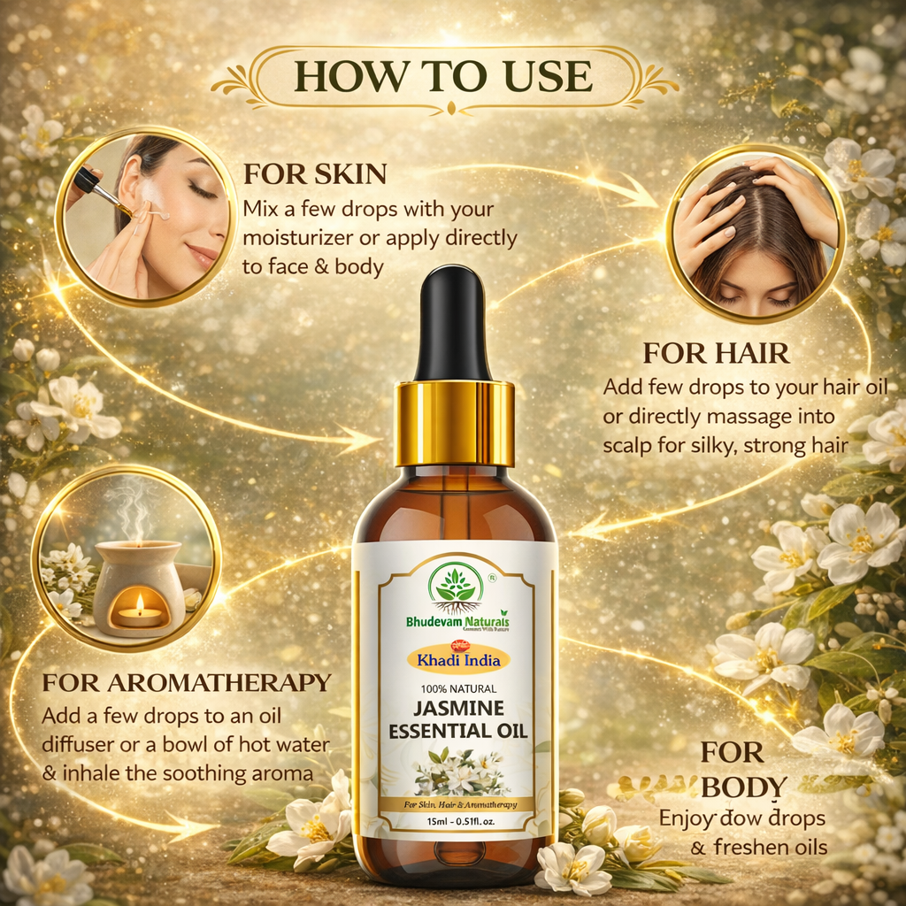 Bhudevam Naturals Khadi Jasmine Essential Oil for Aromatherapy, Skin Care, Hair Care, Stress Relief, Diffuser & Massage - 15ml