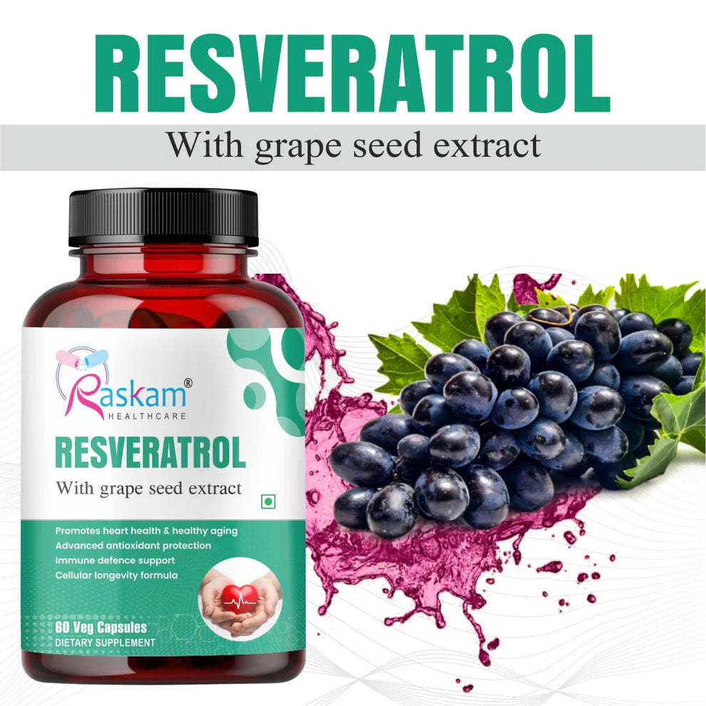 Raskam Resveratrol supplement with grape seed extract | capsules with highly bioavailable | antioxidant support for healthy aging | heart, immune & skin support | 60 veg capsules
