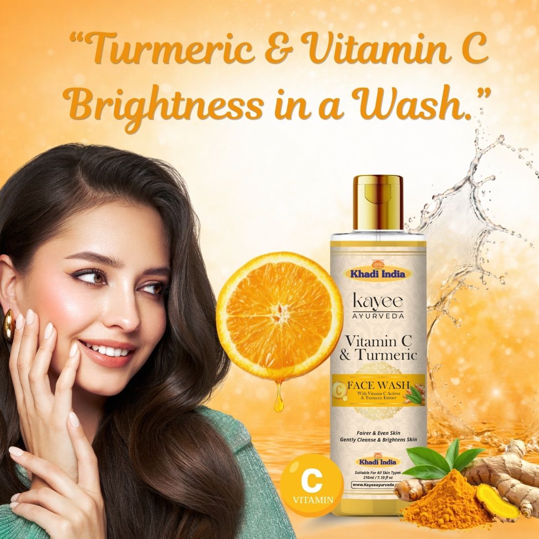 Kayee Ayurveda Vitamin C Turmeric Face Wash for Glowing Skin | Herbal Facial Cleanser with Vitamin C & Haldi | Helps Cleanse Dirt, Pollution, Excess Oil & Daily Impurities While Supporting a Fresh, Bright & Healthy-Looking Complexion | 210 ml