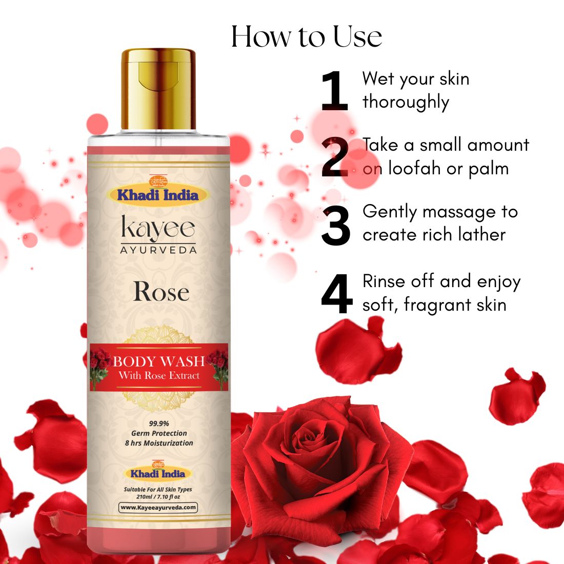 Kayee Ayurveda Rose Body Wash for Men & Women | Herbal Rose Shower Gel for Gentle Cleansing, Freshness & Soft Skin | Helps Remove Dirt, Sweat, Excess Oil & Impurities | Refreshing Daily Bath & Body Care | 210 ml