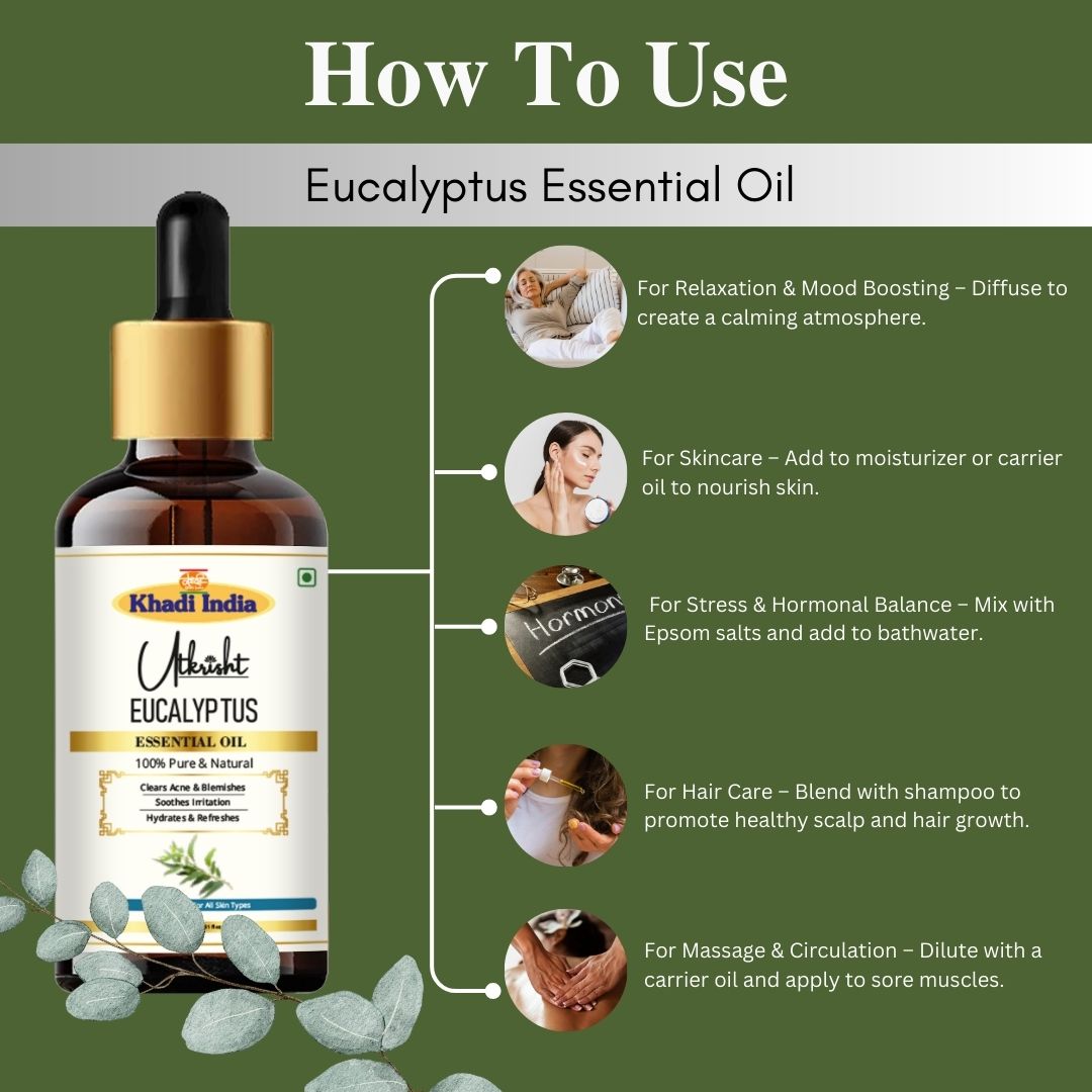 Khadi Eucalyptus Essential Oil | Pure & Natural Eucalyptus Oil for Body Care, Aromatherapy & Relaxation | Refreshing Herbal Essential Oil for Massage & Steam Inhalation | 15 ml