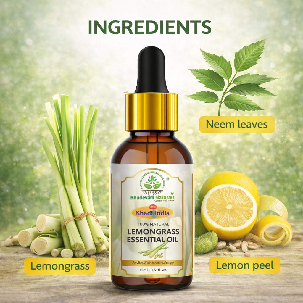 Bhudevam Naturals Khadi Lemongrass Essential Oil for Aromatherapy, Stress Relief & Skin Care | Diffuser & Massage Oil - 15ML