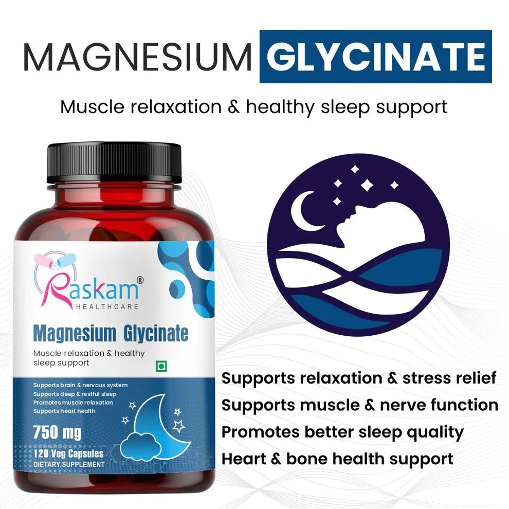 Raskam High Absorption Magnesium Glycinate -120 Vegetable Capsules ,750mg