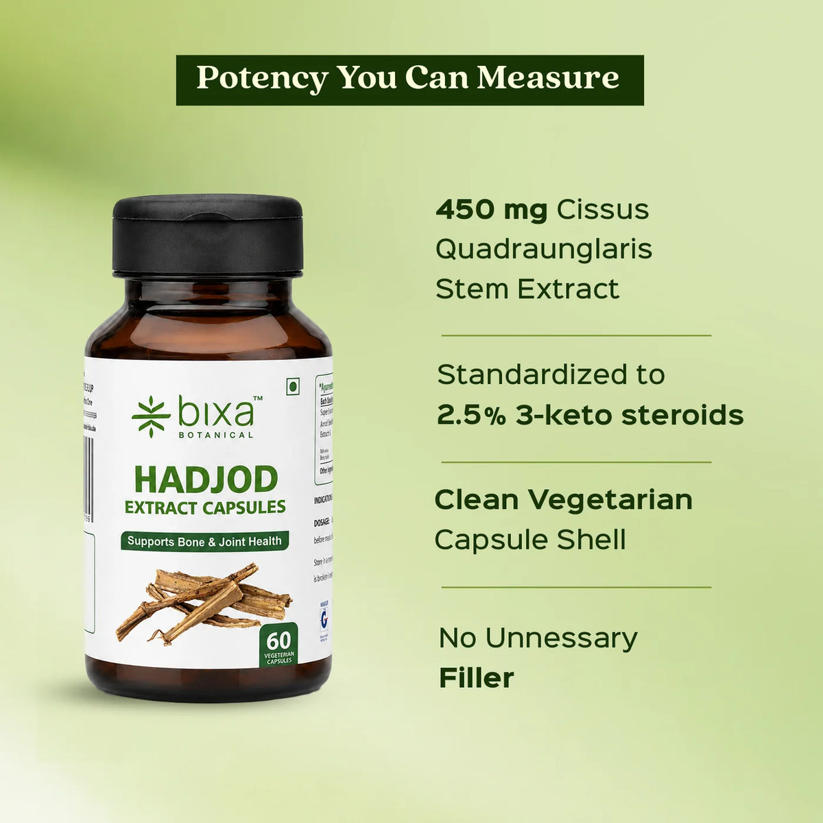 Bixa Botanical Cissus / Hadjod Extract (60 Veg Capsules | 450mg) | Standardized to 2.5% 3-Keto Steroids for Bone Healing, Joint Health & Collagen Support