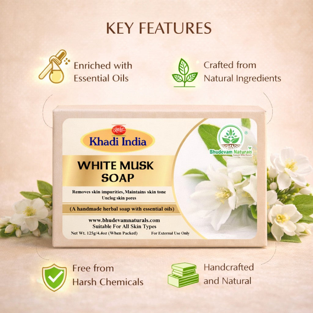 Bhudevam Naturals Khadi White Musk Soap – Luxury Fragrance Bath Soap for Soft & Smooth Skin- 500GM (Pack of 4)