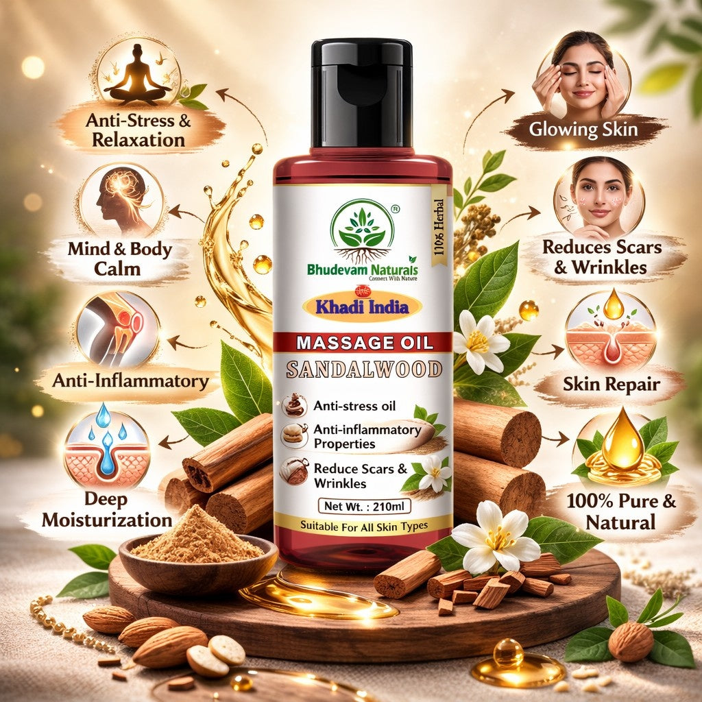 Bhudevam Naturals Khadi Aromatherapy Sandalwood Massage Body Oil for Stress Relief & Deep Skin Hydration- 210ML