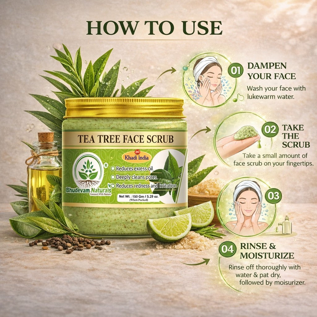 Bhudevam Naturals Khadi Tea Tree Face Scrub – Deep Cleansing Exfoliator for Acne, Pimples & Oil Control for Clear Skin- 150GM