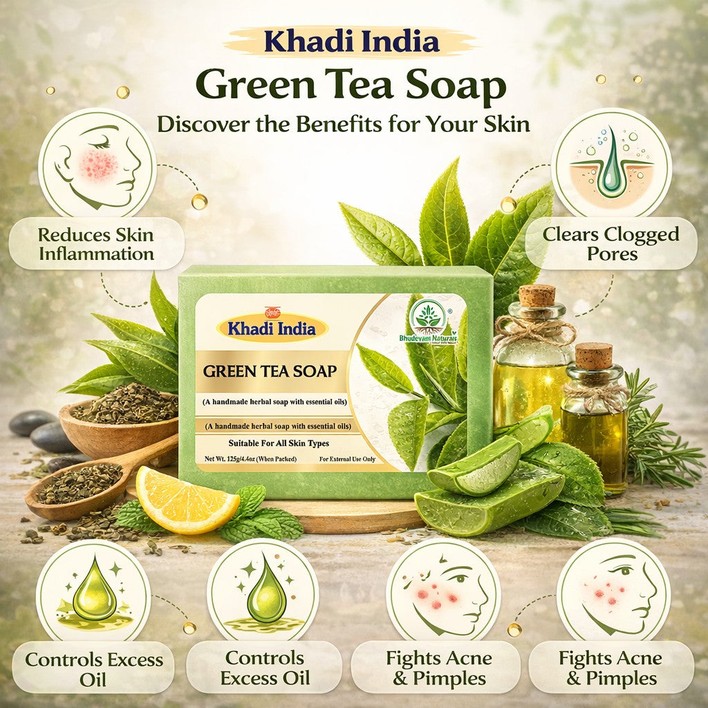 Bhudevam Naturals Khadi Green Tea Bath Soap for Clear & Healthy Skin | Natural Handmade Soap for Acne & Oil Control- 500GM (Pack of 4)