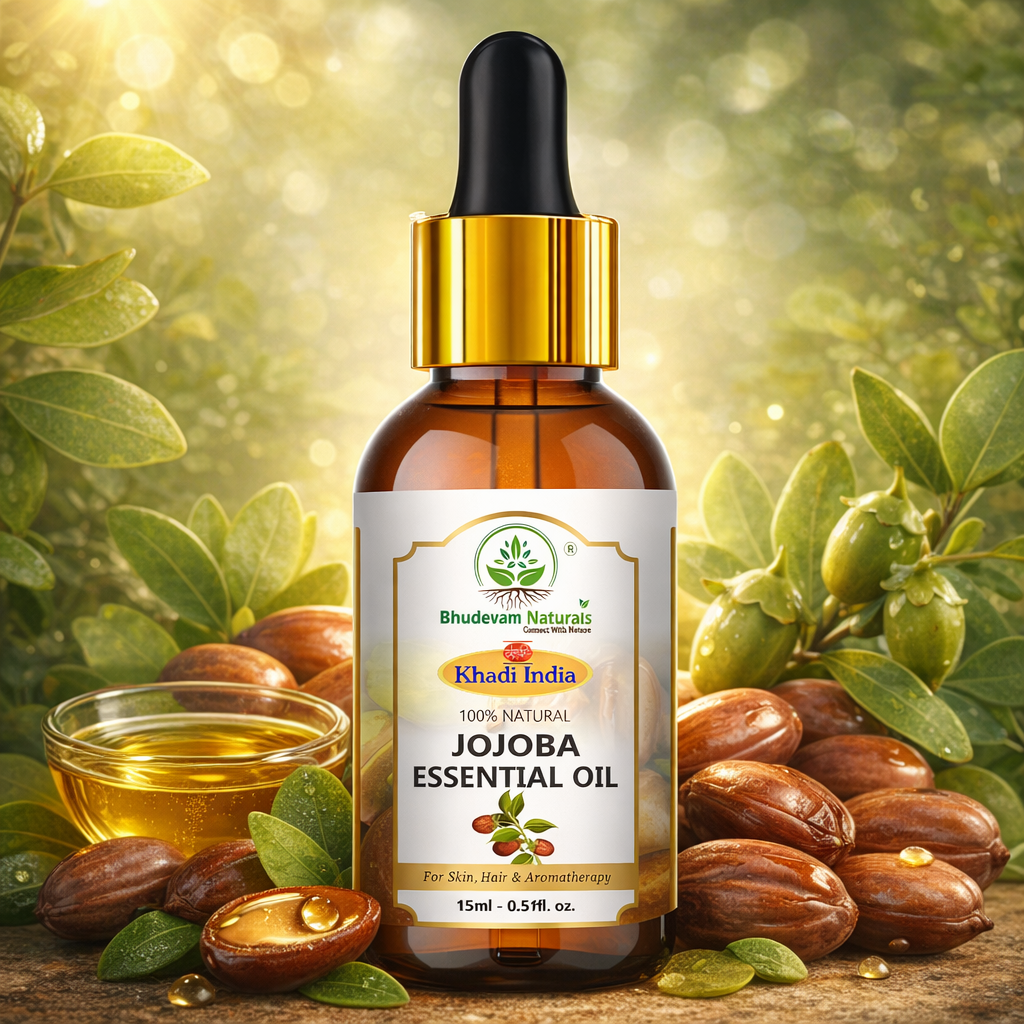 Bhudevam Naturals Khadi Jojoba Essential Oil Natural Carrier Oil for Face, Skin, Hair Growth, Beard Care, Massage & DIY Skincare- 15ml