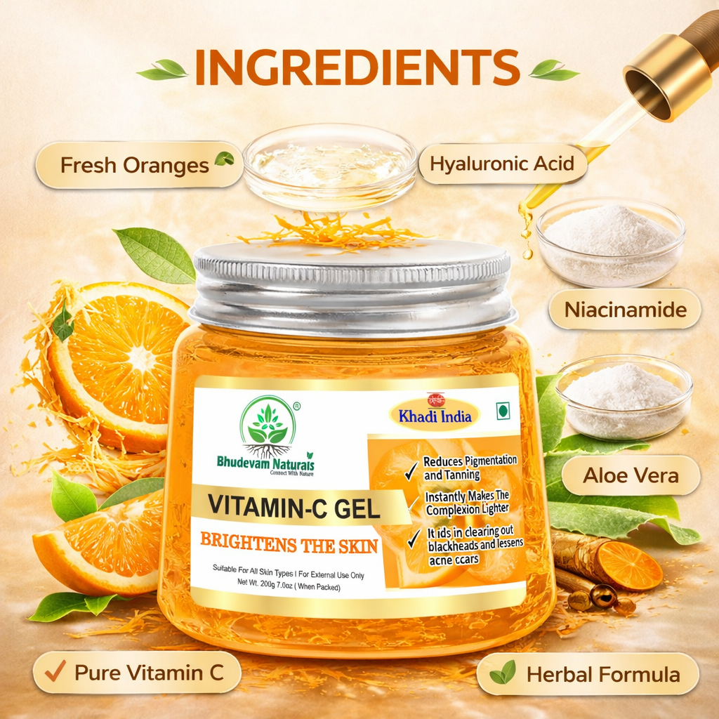 Bhudevam Naturals Khadi Vitamin C Gel for Glowing Skin – Brightens, Hydrates & Reduces Dullness- 200GM
