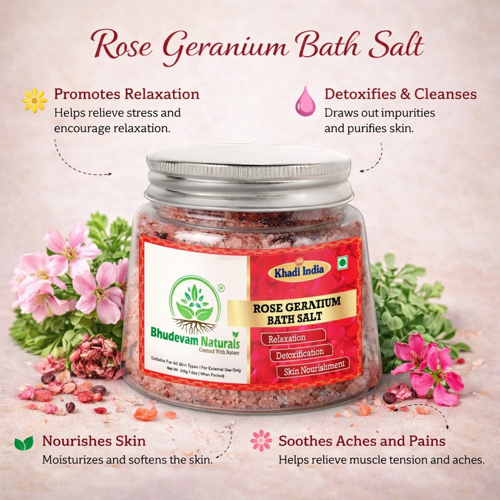 Bhudevam Naturals Khadi Rose Geranium Bath Salts for Relaxation – Natural Aromatherapy Soaking Salts with Essential Oils for Stress Relief & Skin Care- 200GM