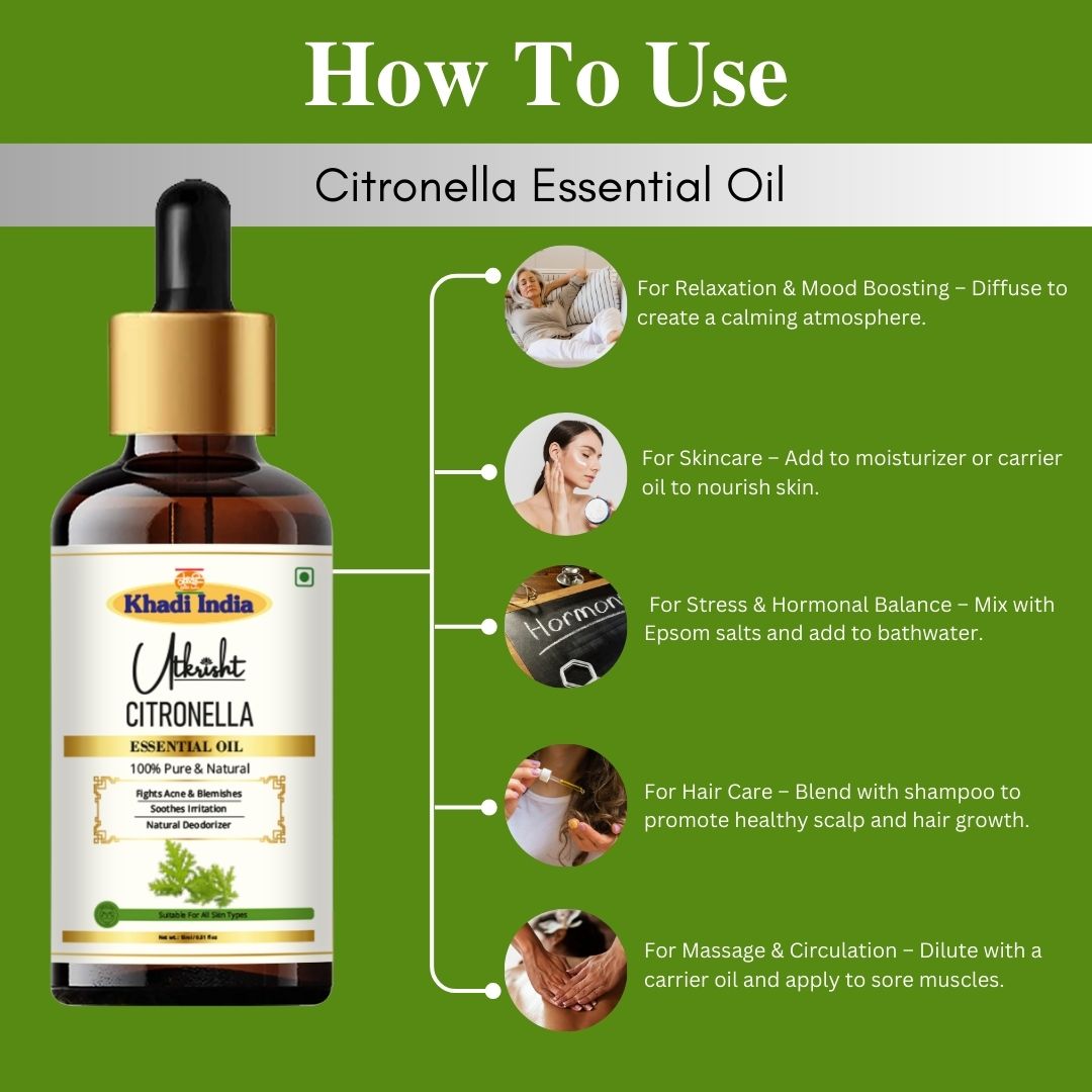 Khadi Citronella Essential Oil | Pure & Natural Citronella Oil for Home & Body Care | Essential Oil for Fresh Aroma & Outdoor Insect Protection | Aromatherapy & Diffuser Oil | 15 ml