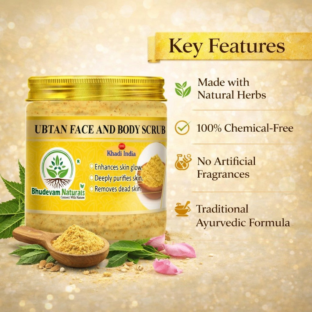 Bhudevam Naturals Khadi Ubtan Face & Body Scrub for Tan Removal – Herbal Exfoliating Scrub for Brightening & Skin Polishing- 150GM