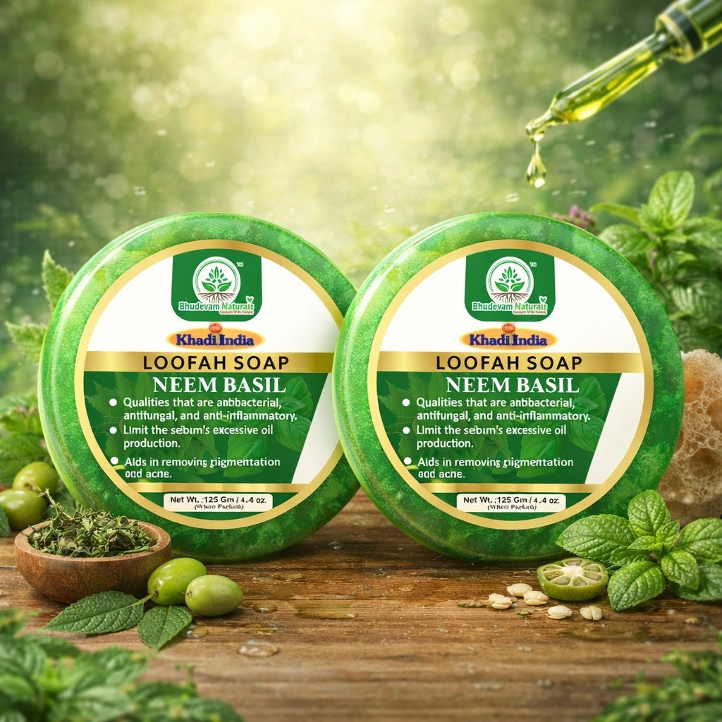 Bhudevam Naturals Khadi Neem & Basil Loofah Soap – Skin Purifying Exfoliating Soap Bar for Daily Use - 250GM (Pack of 2)