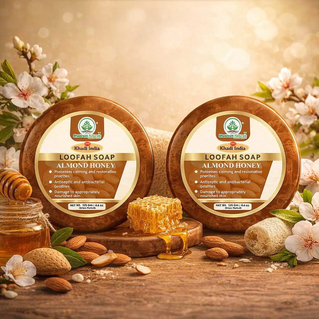 Bhudevam Naturals Khadi Almond Honey Loofah Soap – Natural Exfoliating Bath Soap for Soft & Glowing Skin- 250GM (Pack of 2)