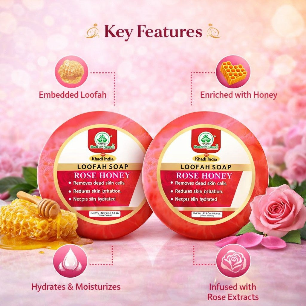 Bhudevam Natuals Khadi Rose Honey Loofah Soap – Natural Exfoliating Bath Soap for Soft & Glowing Skin- 250GM (Pack of 2)