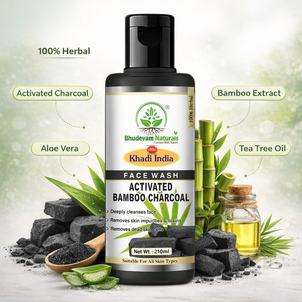 Bhudevam Naturals Khadi Bamboo Charcoal Herbal Face Wash – Reduces Acne, Pimples & Oiliness- 210ML