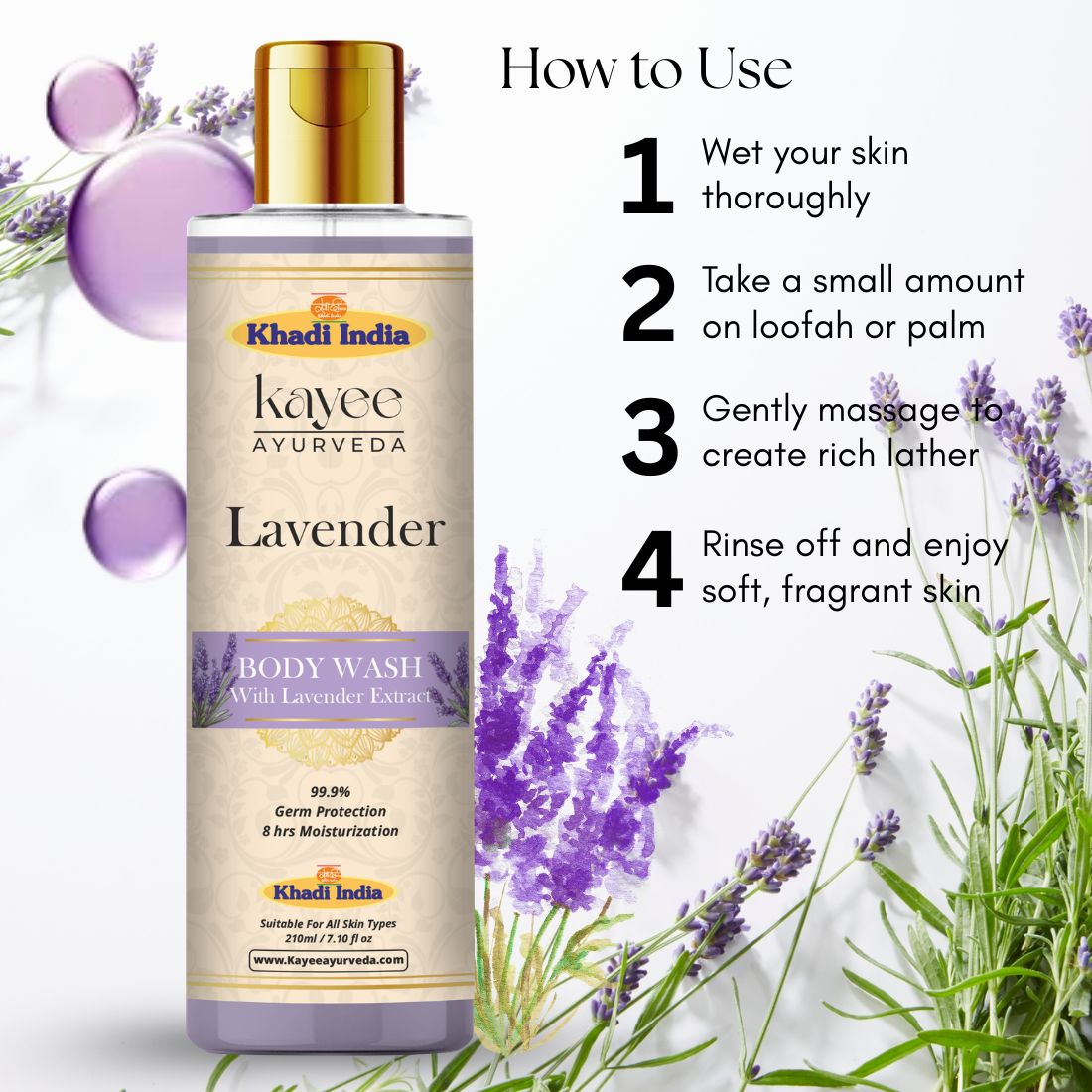 Kayee Ayurveda Lavender Body Wash | Refreshing Lavender Shower Gel for Gentle Daily Cleansing | Helps Wash Away Dirt, Sweat & Excess Oil While Leaving Skin Clean, Soft, Fresh & Pleasantly Fragrant | Suitable for Regular Use | 210 ml
