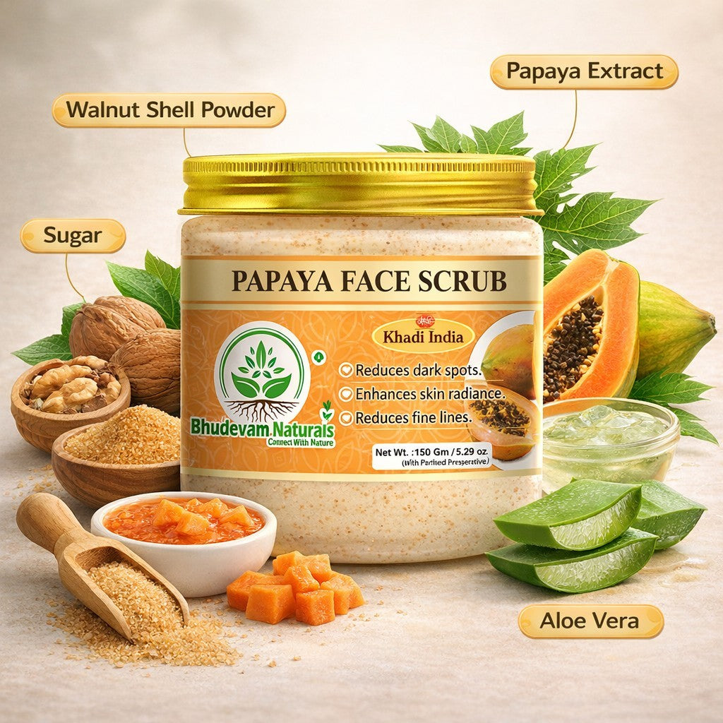 Bhudevam Naturals Khadi Papaya Face Scrub for Tan Removal – Exfoliating Scrub for Dead Skin, Dark Spots & Skin Glow- 150GM