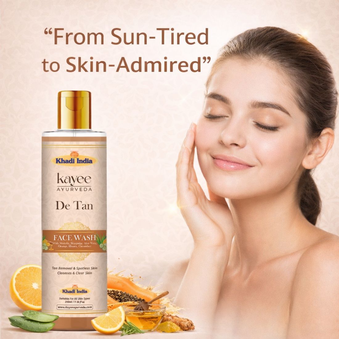 Kayee Ayurveda De-Tan Face Wash for Face Brightening | Daily Facial Cleanser for Tan, Dullness & Uneven-Looking Skin | Helps Remove Everyday Impurities, Excess Oil & Dead Skin for a Fresh & Clean Appearance | 210 ml
