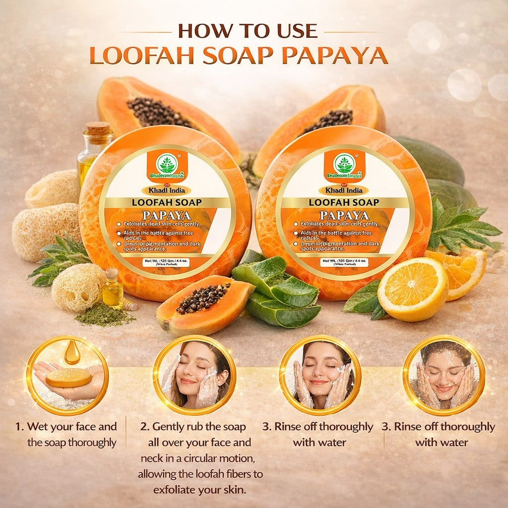 Bhudevam Naturals Khadi Papaya Loofah Soap – Natural Exfoliating Bath Soap for Glowing & Smooth Skin- 250GM (Pack of 2)