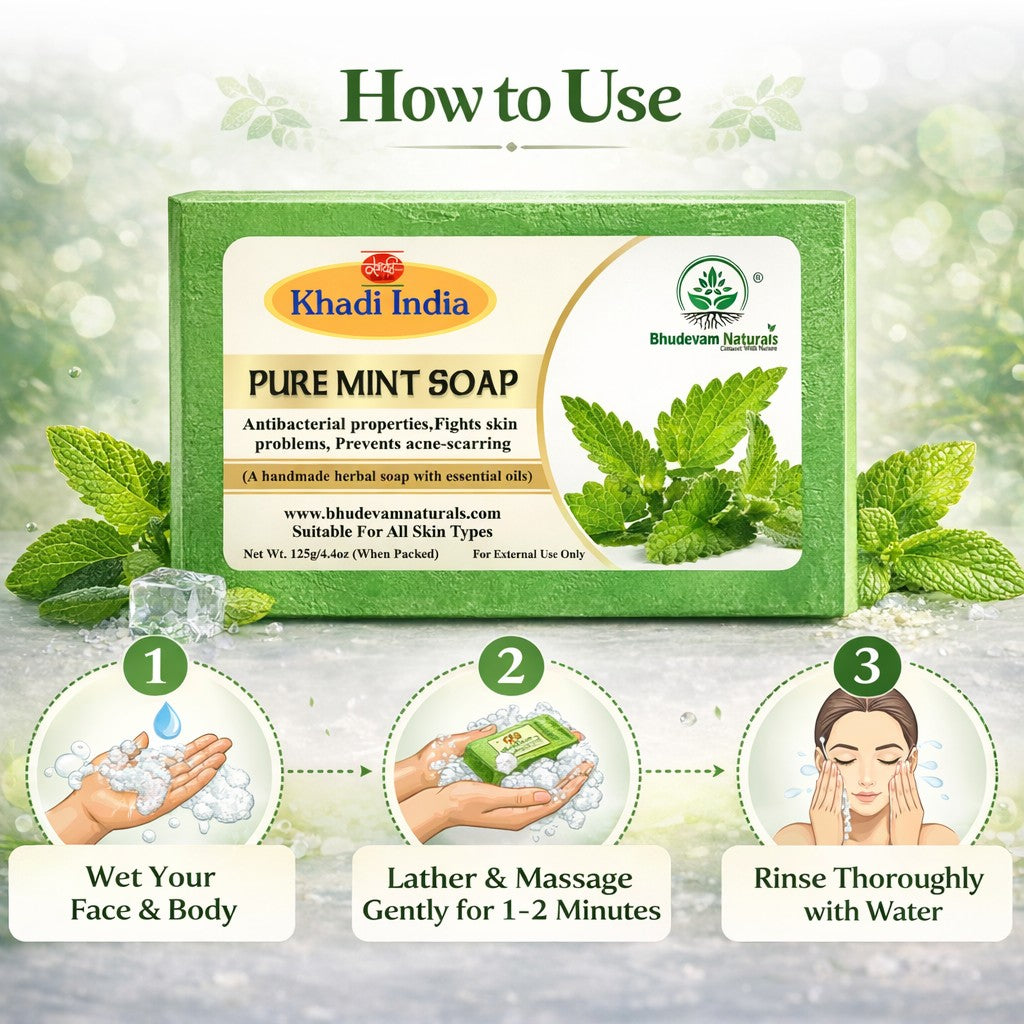Bhudevam Naturals Khadi Mint Soap for Bath – Cooling Effect, Antibacterial Body Soap, Keeps Skin Fresh & Clean All Day - 500GM (Pack of 4)